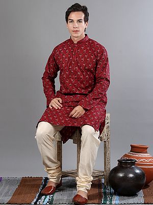True-Red Jaipuri Block Printed Floral Buti on Pure Cotton Kurta with White Pajama