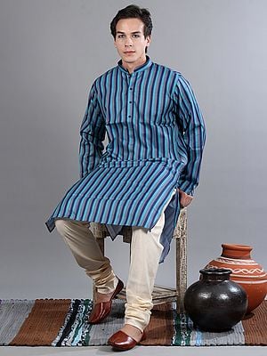 Colored Stripe-Dashed Line Printed Polycotton Kurta with White Pajama