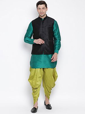 Silk Blend Mid Length Kurta and Cotton Blend Dhoti with Modi Jacket