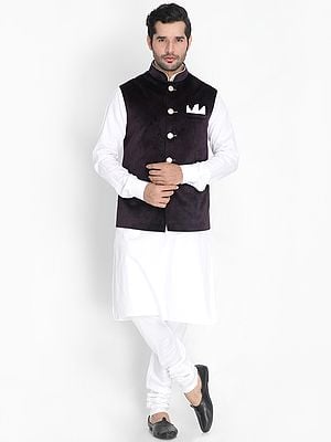 White Cotton Blend Kurta And Churidar Cotton Pajama With Velvet Modi Jacket