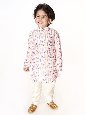 White Cotton Blend Printed Kurta Pajama for Kids