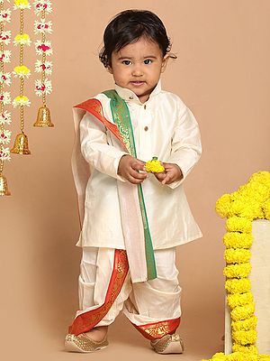 Cotton Blend Kurta with Traditional Pattern Dhoti and South Indian Style Dupatta