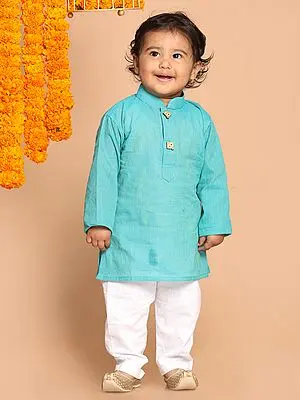 Cyan-White Pure Cotton Kite Shape Buttons Kurta Pajama for Kids