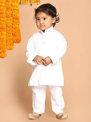 White Cotton Buttoned Cuff Kurta and Pajama