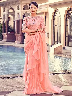 Peach Solid Organza Ruffle Saree with Thread-Zari-Dori Floral Embroidered Blouse