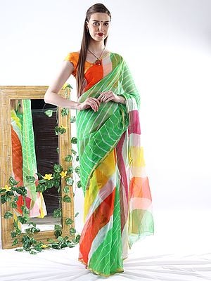 Multicolor Combination Leheriya Chiffon Saree with Fine Golden Border