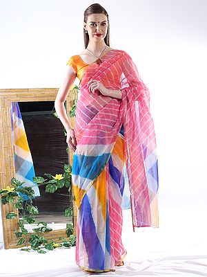 Multicolor Combination Leheriya Chiffon Saree with Fine Golden Border