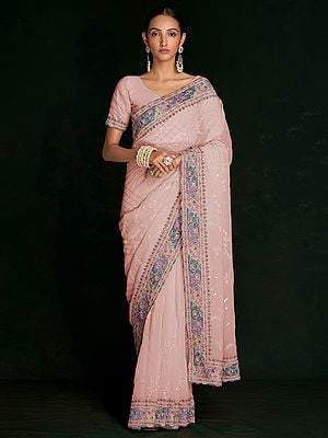 Georgette Stripes-Vine Sequin Embroidered Lucknowi Work Saree With Floral Meena Scalloped Border