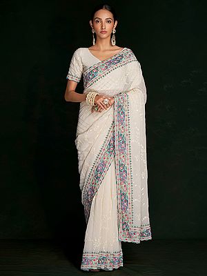 Georgette Stripes-Vine Sequin Embroidered Lucknowi Work Saree with Floral Meena Scalloped Border