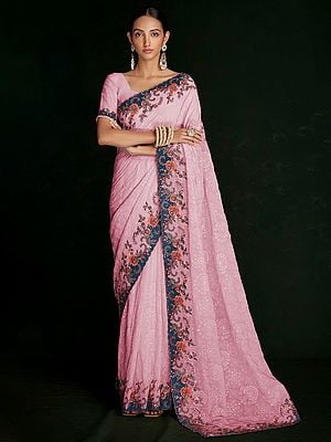 Georgette Meena Floral Scalloped Saree With Sequin Embroidered Lucknowi Work
