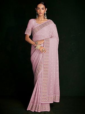 Georgette Heavy Lucknowi Work Saree With Ogival Pattern Border