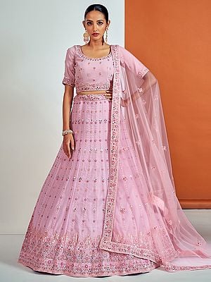 Pink Georgette Stripes-Mughal Motif Lehenga Choli with Soft Net Dupatta