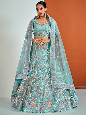 Turquoise Zarkan Embroidered Meena Work Lehenga Choli with Dupatta
