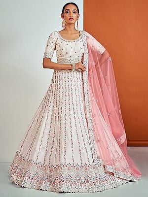 White Georgette Leaf Vine-Mughal Pattern Lehenga Choli With Sequins, Thread, Mirror, Zari Embroidery And Soft Net Dupatta
