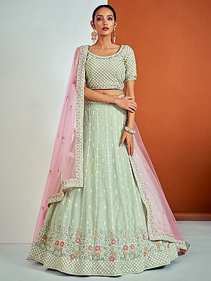 Pista-Green Georgette Floral-Stripes Motif Lehenga Choli With Sequins, Thread, Dori Embroidery And Soft Net Dupatta
