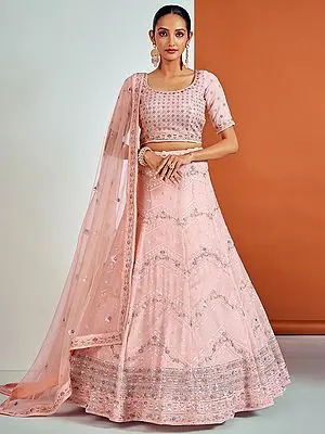Peach Georgette Chevron Pattern Lehenga Choli with Floral Butta Soft Net Dupatta