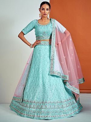 Turquoise Georgette Pinstripe Pattern Lehenga Choli With Sequins, Dori, Thread Embroidery And Soft Net Dupatta