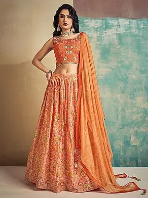 Orange Chinon Floral Jaal Pattern Printed Lehenga With Handwork Art Silk Choli And Georgette Tassel Dupatta