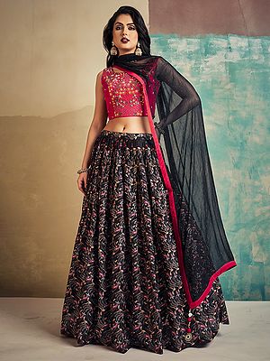 Orange Chinon Digital Printed Lehenga With Art Silk Handwork Choli And Georgette Ornamental Tassel Dupatta