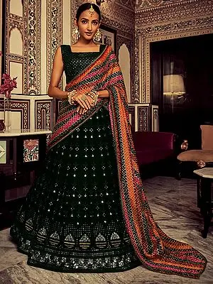Green Georgette Lehenga Choli With Embellished Thread-Sequins Work And Silk Designer Dupatta