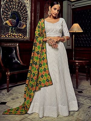 White Chevron Motif Georgette Lehenga Choli With Sequins-Thread Embroidery And Ogival Pattern Silk Dupatta