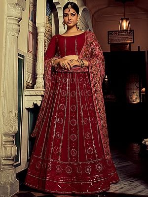 Pink Georgette Chakram-Laddi Motif Lehenga Choli With Thread-Sequins Embroidery And Silk Dupatta