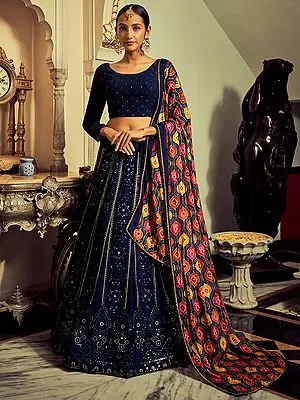 Navy Blue Georgette Chowkadi Motif Pattern Lehenga Choli With Thread-Sequins Embroidery And Silk Ogee Pattern Dupatta