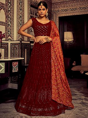 Maroon Georgette Embellished Lehenga Choli With Thread-Sequins Work And Silk Designer Dupatta
