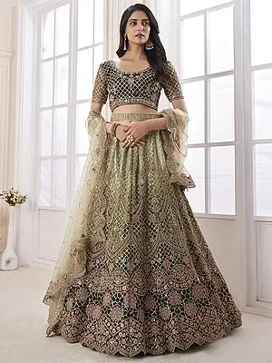Olive Soft Net Designer Lehenga Choli With Sequins, Dori, Thread, Stone Embroidery With Dupatta