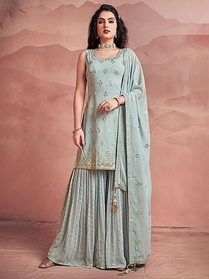 Smoke Georgette Sequins Embroidered Sharara Suit with Dupatta