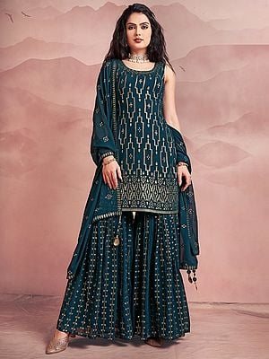 Rama-Green Georgette Sharara Suit Set With Sequins Work And Matching Dupatta