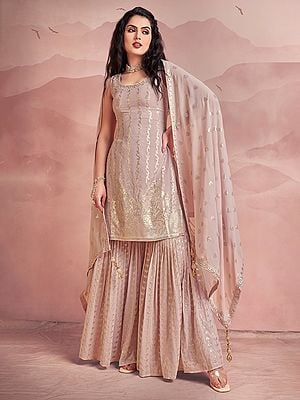 Peach Georgette Designer Sharara Suit With Sequins Embroidery And Dupatta
