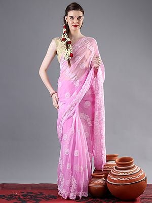 Baby-Pink Lucknawi Chikankari Georgette Saree With Bail-Chakram Motif On Body And Paisley-Floral Vine On Pallu