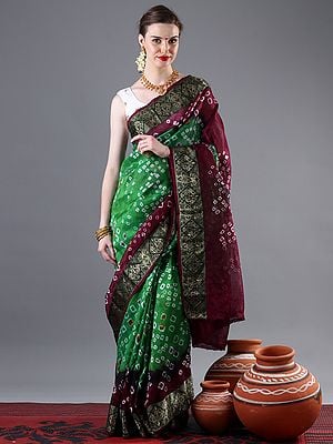 Green-Wine Dual Color Pure Cotton Bandhani Sari With Broad Zari Woven Mango Motif Border