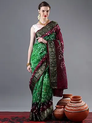 Green-Wine Dual Color Pure Cotton Bandhani Sari with Broad Zari Woven Mango Motif Border