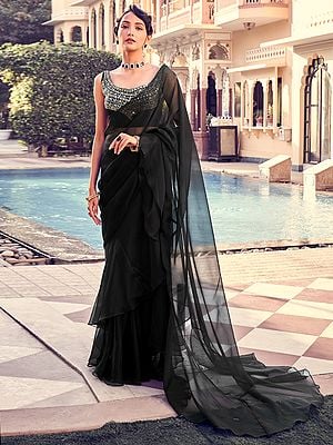 Solid Black Ruffled Georgette Saree With Floral Sequin-Thread Embroidered Organza Blouse