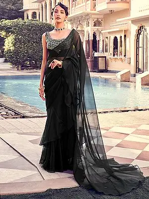 Solid Black Ruffled Georgette Saree with Floral Sequin-Thread Embroidered Organza Blouse