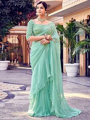 Ruffle Organza Sea-Green Solid Saree with Zari-Dori-Sequin Heavy Embroidered Blouse