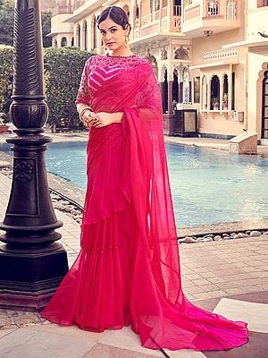Solid Pink Organza Ruffle Saree With Mukaish-Thread-Sequin Floral Embroidered Blouse