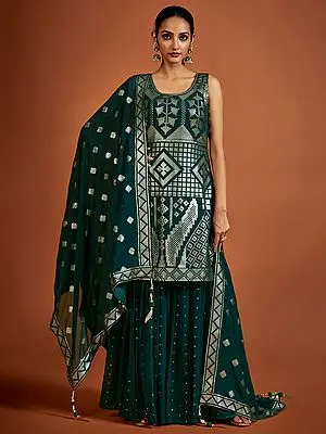 Georgette Green Sharara Suit with Sequins Embroidery and Latkan Dupatta