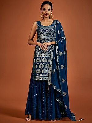 Navy-Blue Georgette Sharara Suit With Sequins Embroidery And Spade Motif Latkan Dupatta