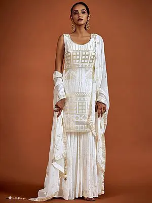 Georgette All-Over Sequins Work White Sharara Suit and Latkan Dupatta