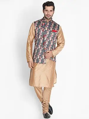 Rose-Gold Cotton Blend Kurta and Poly Viscose Churidar Pajama with Cotton Satin Blend Paisley Motif Digital Printed Angrakha Style Grey Modi Jacket