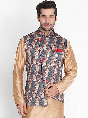 Grey Cotton Satin Blend Paisley Motif Digital Printed Angrakha Style Modi Jacket