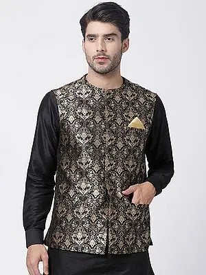 Black Silk Blend Less Collar Floral Jacquard Jacket