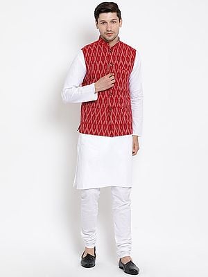 Pure Cotton Kurta Pajama Set With Handloom Ikat Modi Jacket