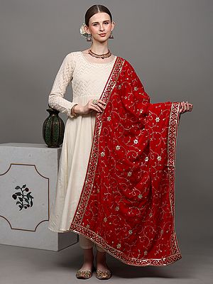 Velvet Dupatta with Zari and Sequinned Flower Embroidered Bail from Amritsar