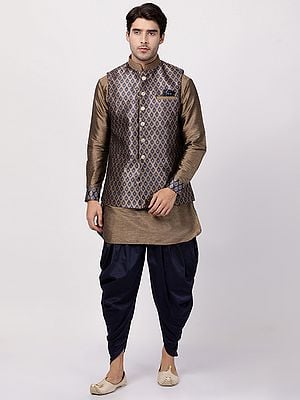 Silk Blend Cuffed Sleeves Kurta And Cotton Blend Dhoti With Banarasi Brocade Jamawar Modi Jacket