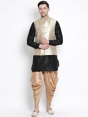 Silk Blend Cuffed Sleeves Kurta With Cotton Blend Dhoti And Cotton Satin Blend Modi Jacket