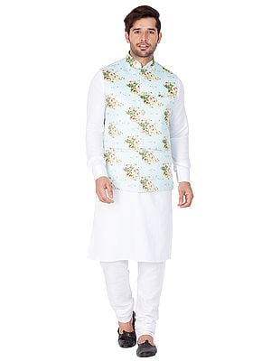 Cotton Blend Cuffed Sleeves White Kurta With Churidar Cotton Pajama And Cotton Satin Blend Floral Digital Printed Modi Jacket